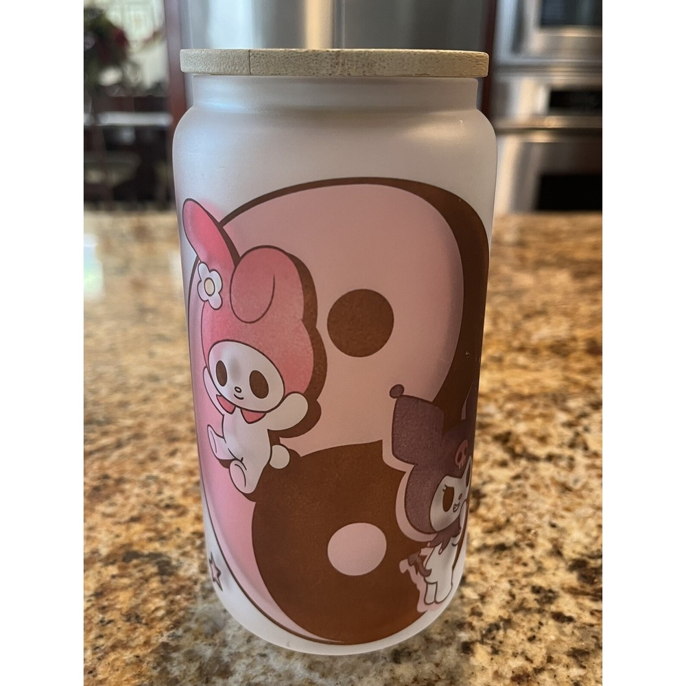 Sanrio Kuromi Glass Tumbler With Bamboo Lid With Straw Opening Frosted Glass